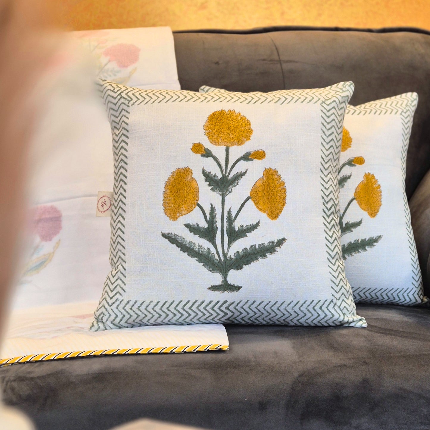 Marigold Boota Slub Cotton Cushion Cover