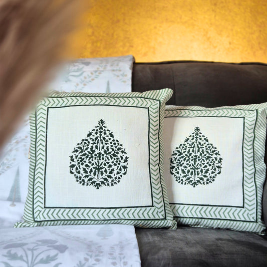 Emerald Leaf Slub Cotton Cushion Cover