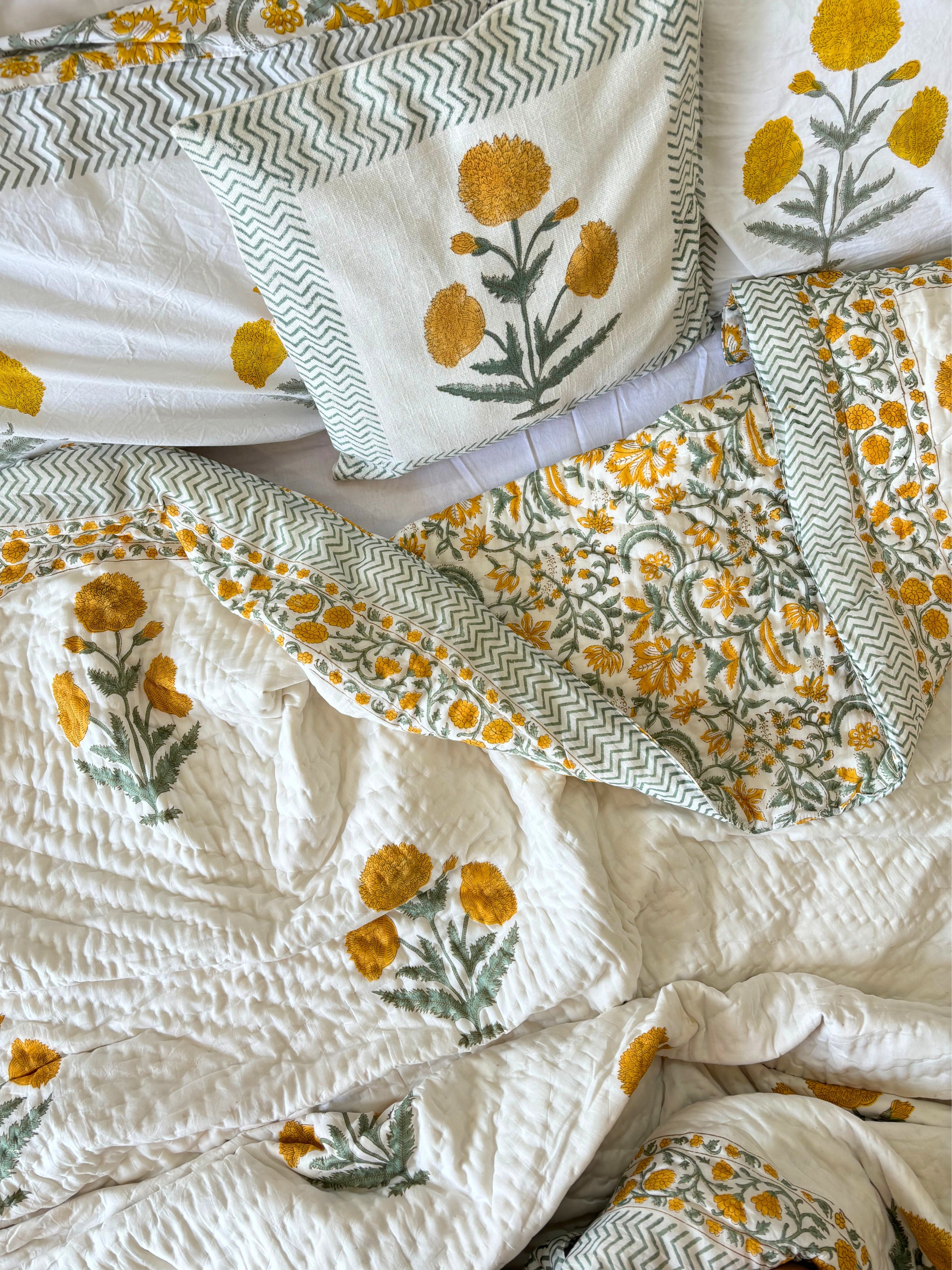 Marigold Boota Reversible Cotton Quilt | Altaire Homes Jaipuri Razai