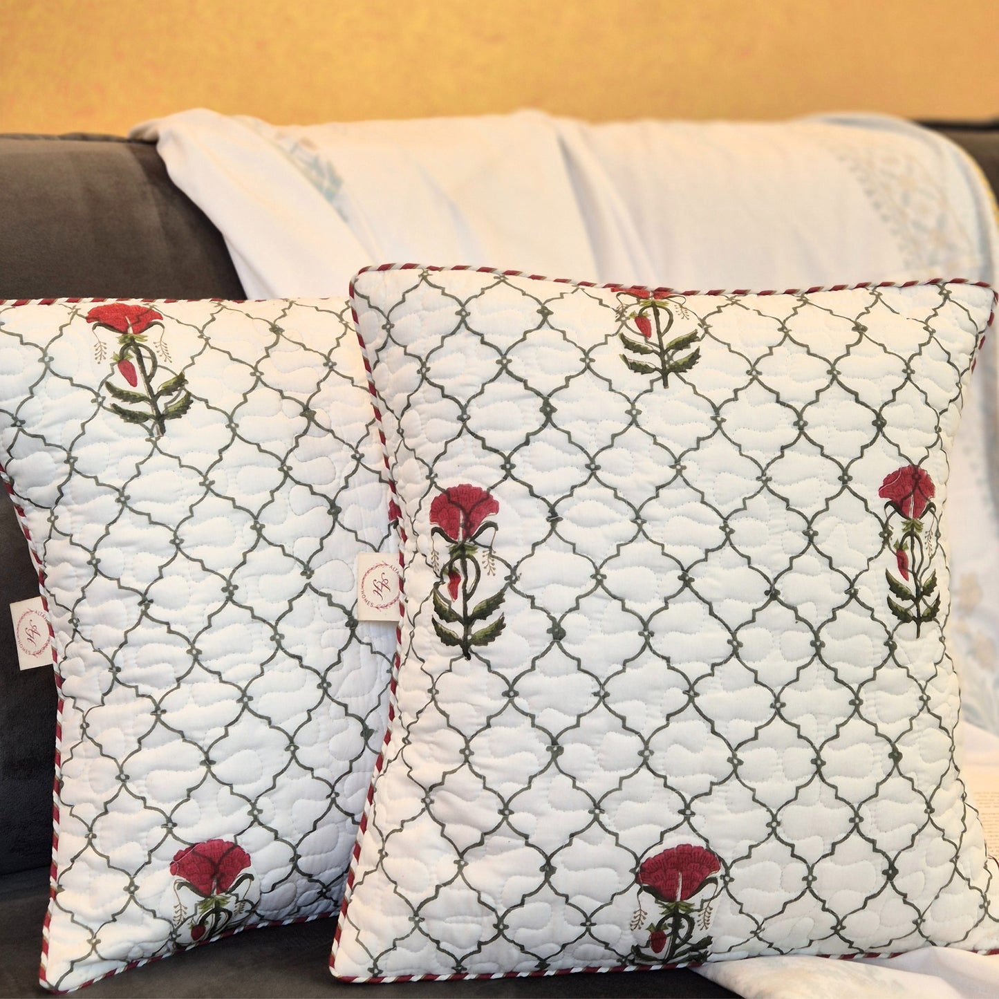 Jharokha Bloom Quilted Cotton Cushion Cover