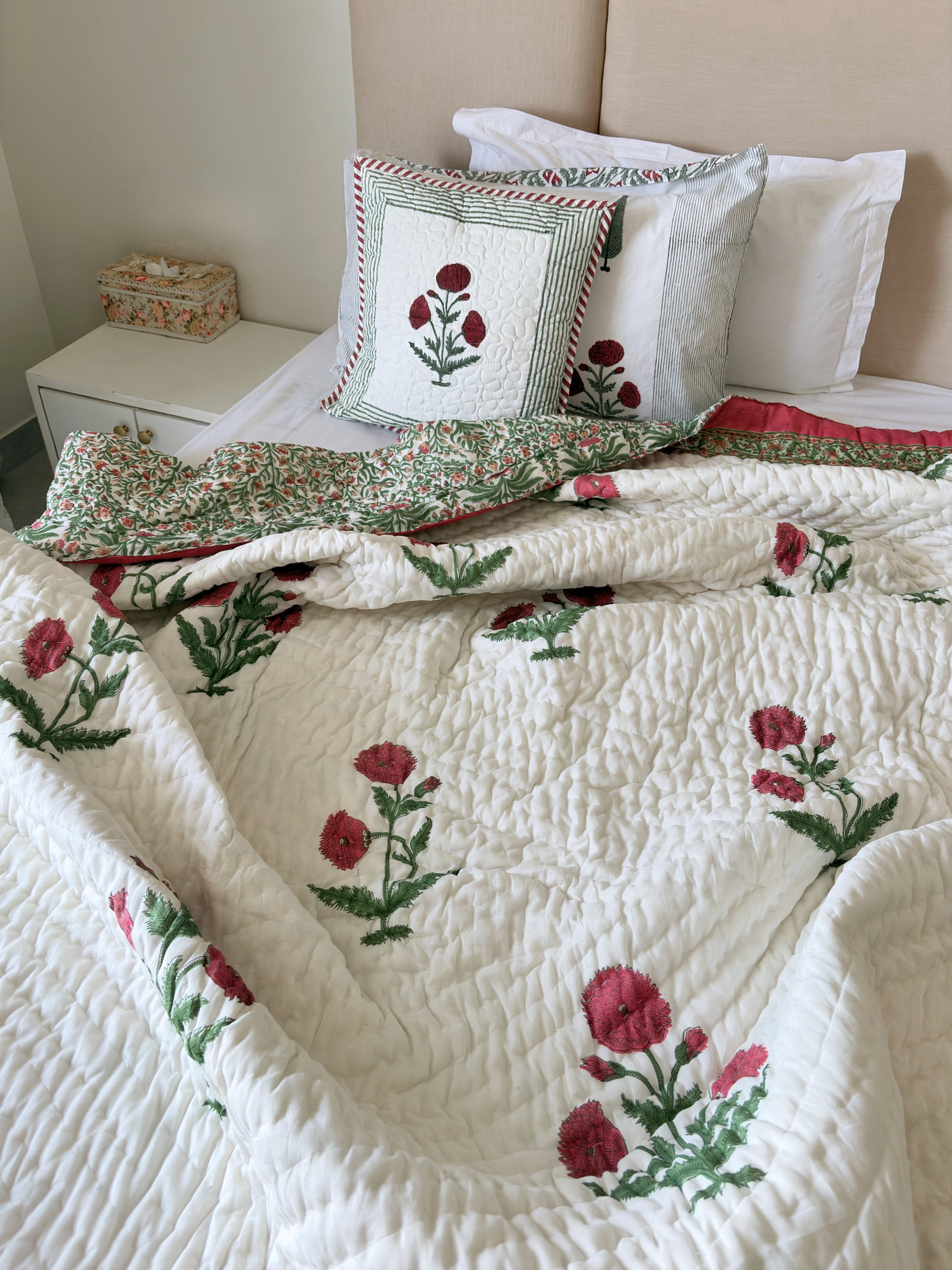 Poppy Paradise Reversible Cotton Quilt | Hand Block Printed