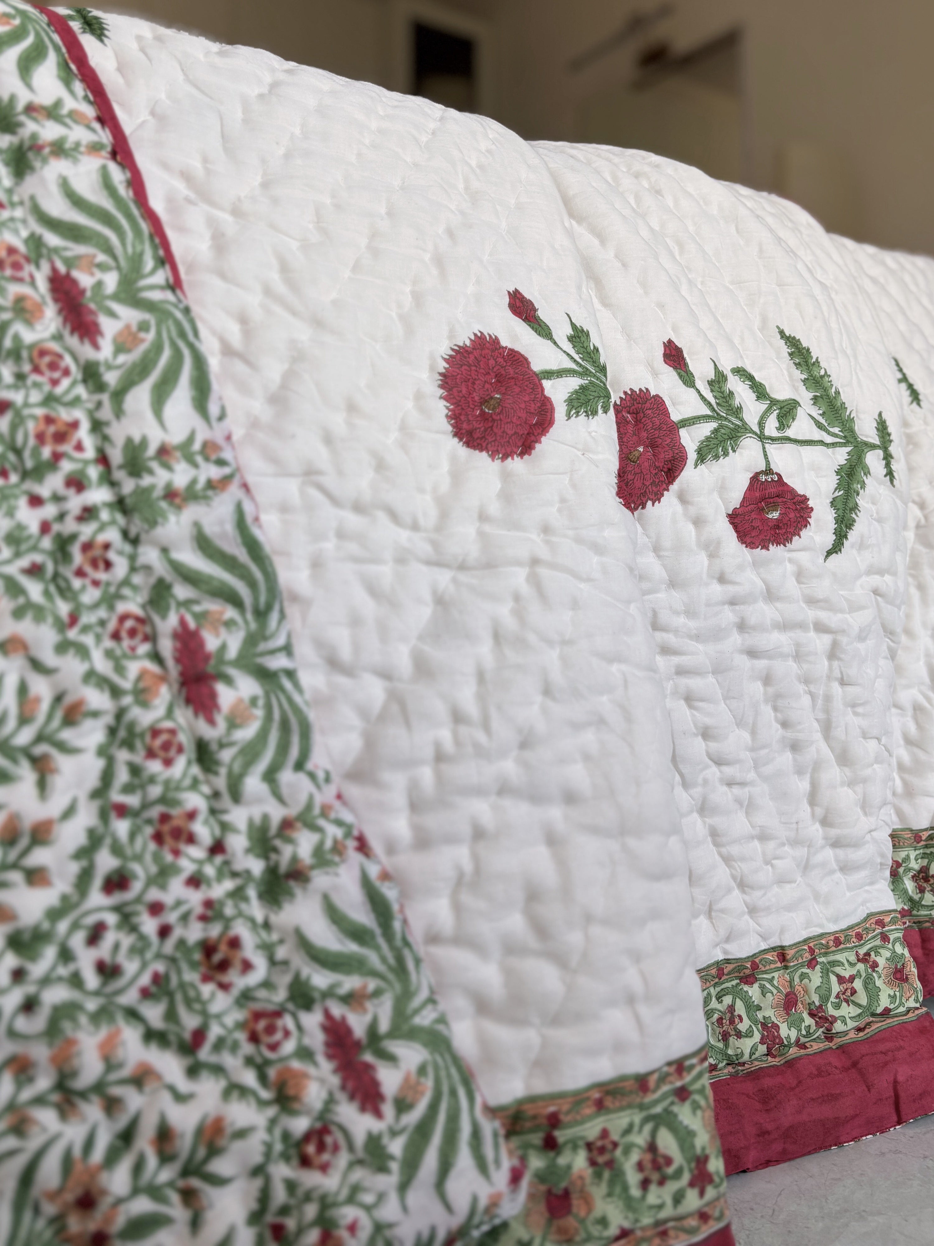 Poppy Paradise Reversible Cotton Quilt | Hand Block Printed
