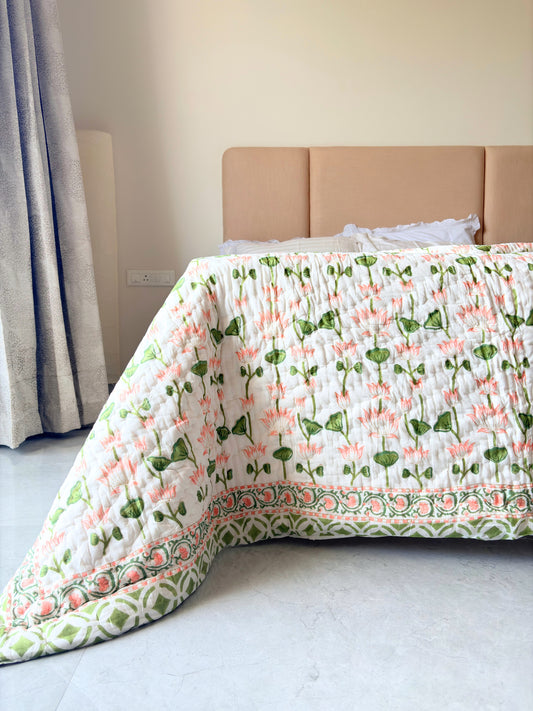 Pichola Lotus Reversible Cotton Quilt | Hand Block Printed Jaipuri Razai | Altaire Homes