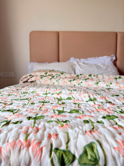 Pichola Lotus Reversible Cotton Quilt | Hand Block Printed Jaipuri Razai | Altaire Homes