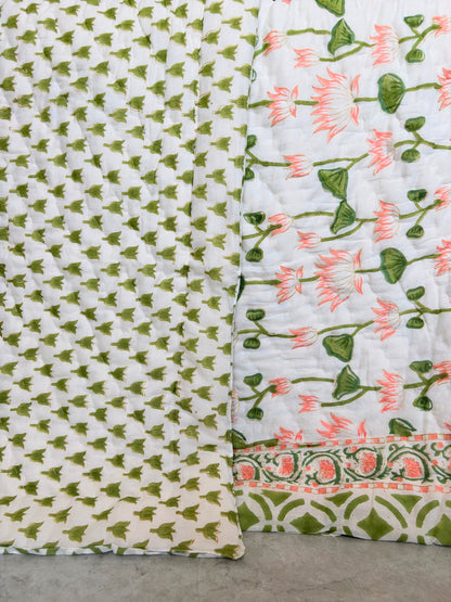 Pichola Lotus Reversible Cotton Quilt | Hand Block Printed Jaipuri Razai | Altaire Homes