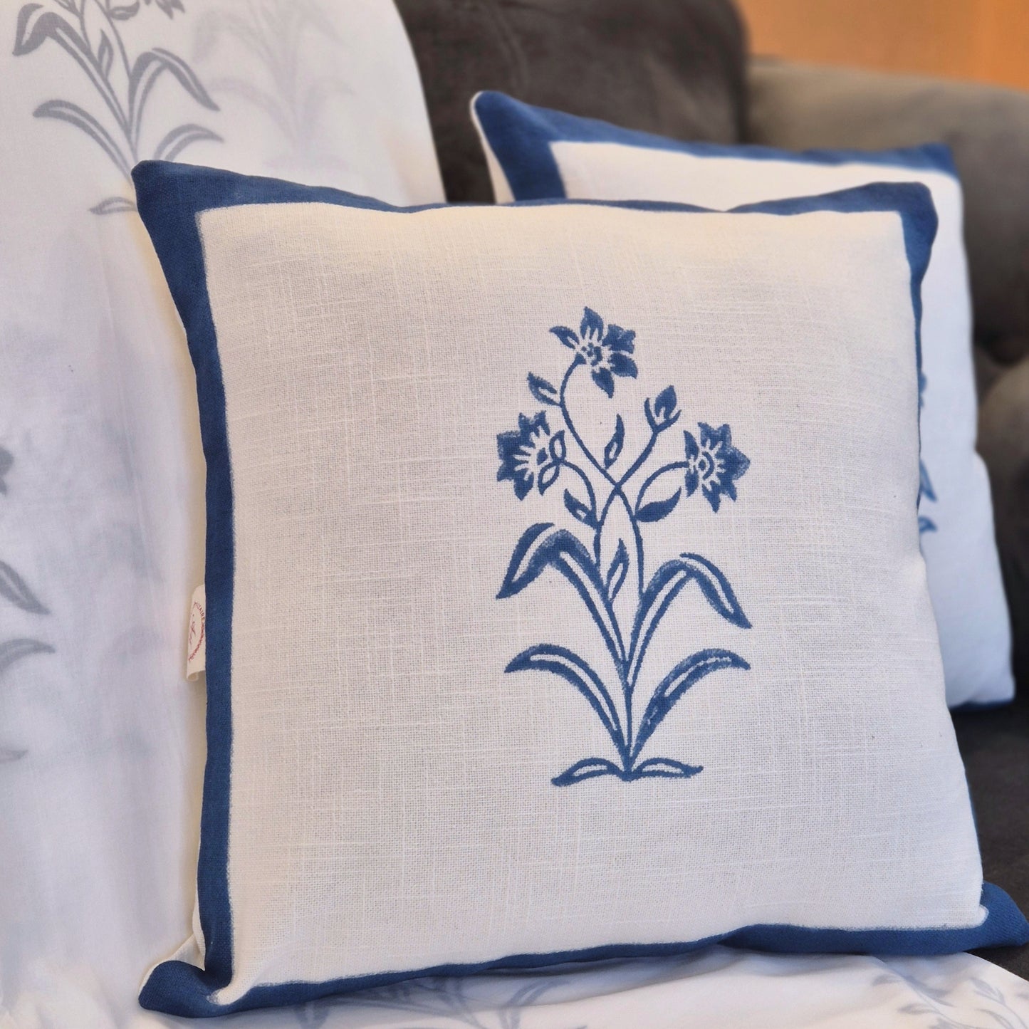 Indigo Bloom Slub Cotton Cushion Cover