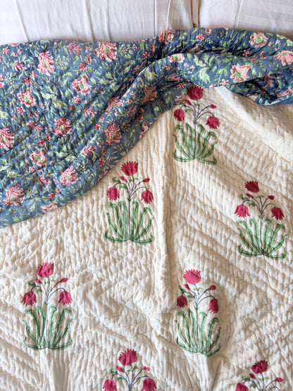 Indigo Bagru Reversible Cotton Quilt | Hand Block Printed Jaipuri Razai | Altaire Homes