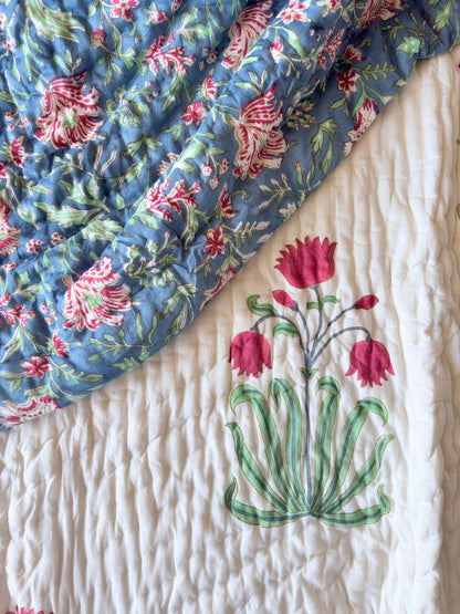 Indigo Bagru Reversible Cotton Quilt | Hand Block Printed Jaipuri Razai | Altaire Homes